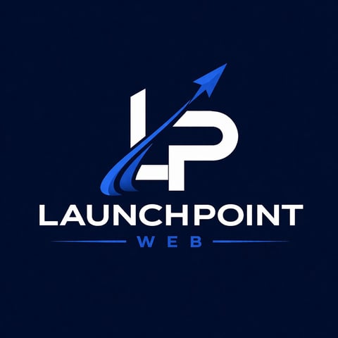 Launchpoint Web logo featuring a stylized rocket arrow and LP monogram on dark blue background